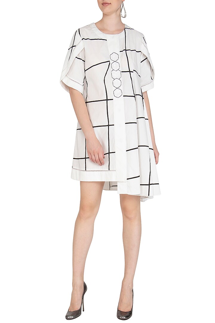 White Checkered Embroidered Vacation Dress by Abhi Singh at Pernia's Pop Up Shop