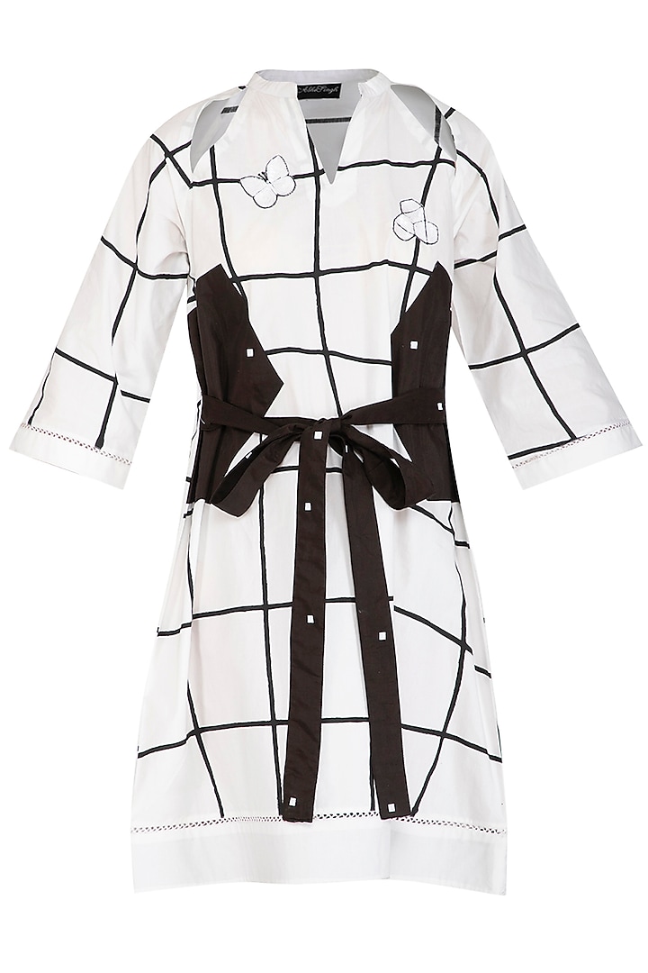 White Checkered Embroidered Dress WIth Belt by Abhi Singh