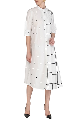 White Checkered & Dotted Embroidered Midi Dress by Abhi Singh