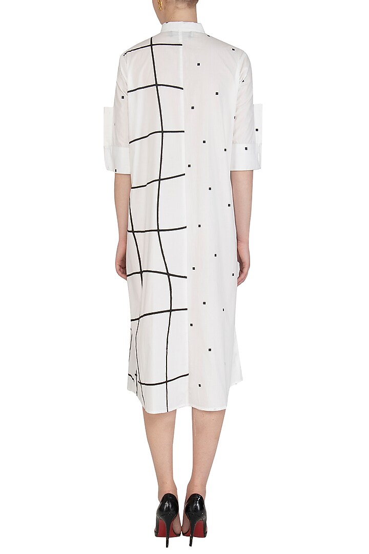 White Checkered & Dotted Embroidered Midi Vacation Dress by Abhi Singh at Pernia's Pop Up Shop