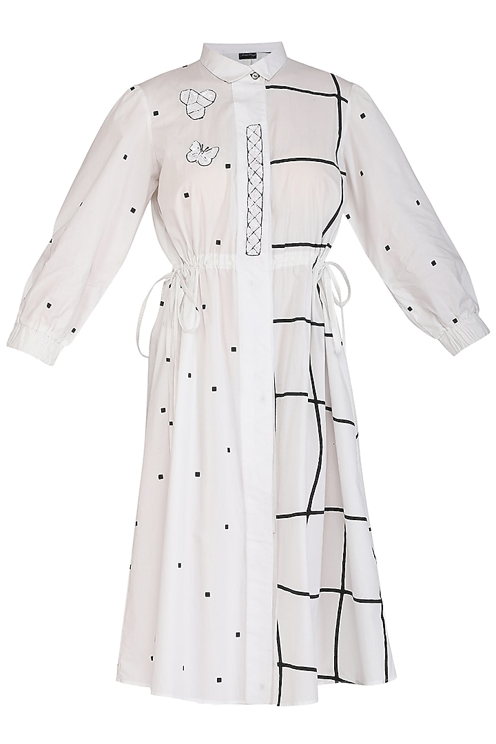 White Embroidered Checks & Dotted Midi Dress by Abhi Singh