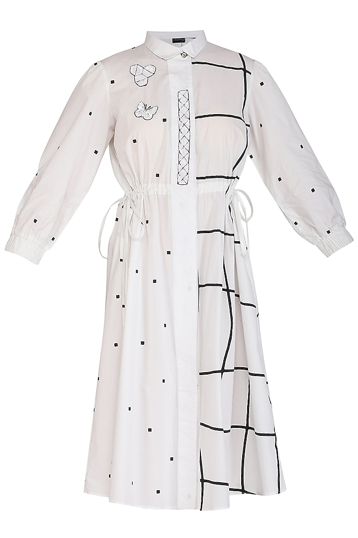 White Embroidered Checks & Dotted Midi Dress by Abhi Singh at Pernia's Pop Up Shop