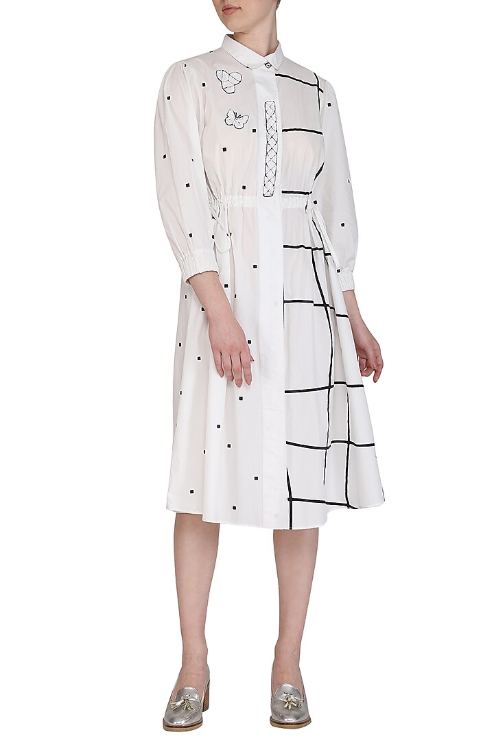 White Embroidered Checks & Dotted Midi Vacation Dress by Abhi Singh at Pernia's Pop Up Shop