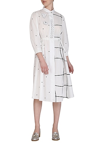 White Embroidered Checks & Dotted Midi Dress by Abhi Singh
