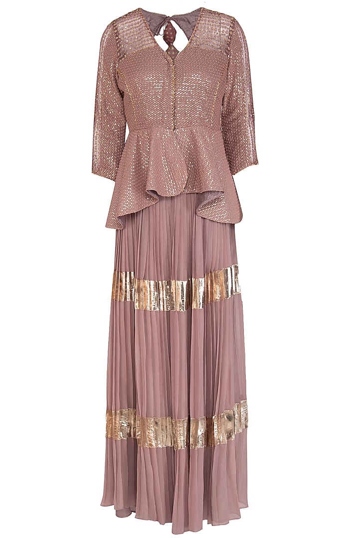 Dusty Rose Embroidered Peplum Top With Pleated Skirt by Abhi Singh
