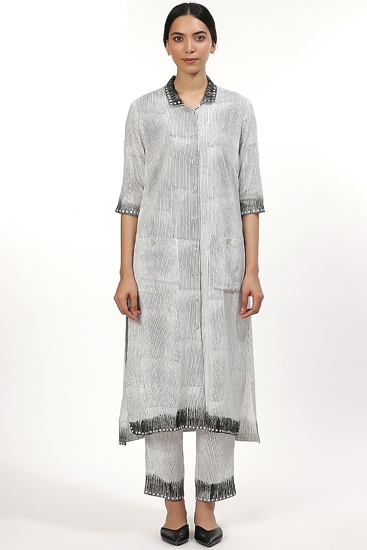 Ivory & Black Block Printed Shirt Kurta  by Abraham & Thakore at Pernia's Pop Up Shop