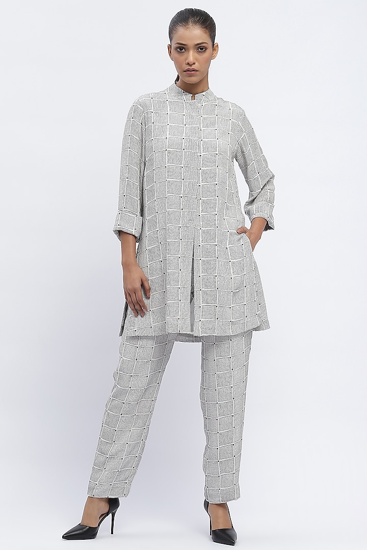 Ivory Chanderi Digital Printed Trousers by Abraham & Thakore at Pernia's Pop Up Shop