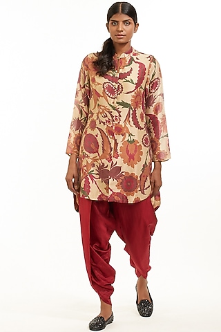 Beige & Wine High-Low Shirt by Abraham & Thakore