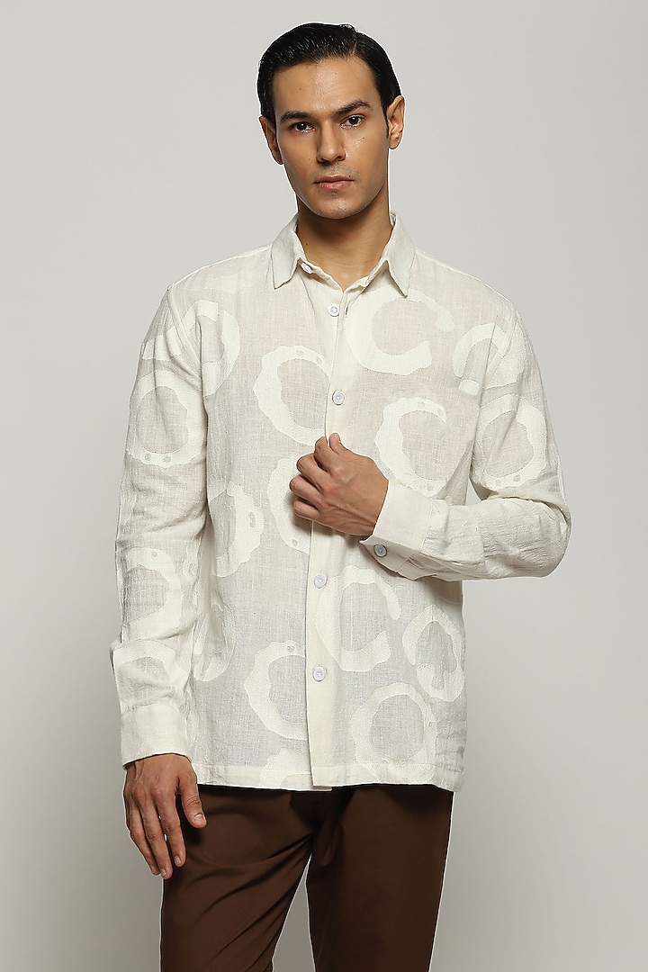 White Cotton Linen Hand Embroidered Party Wear Shirt by Abraham & Thakore Men at Pernia's Pop Up Shop