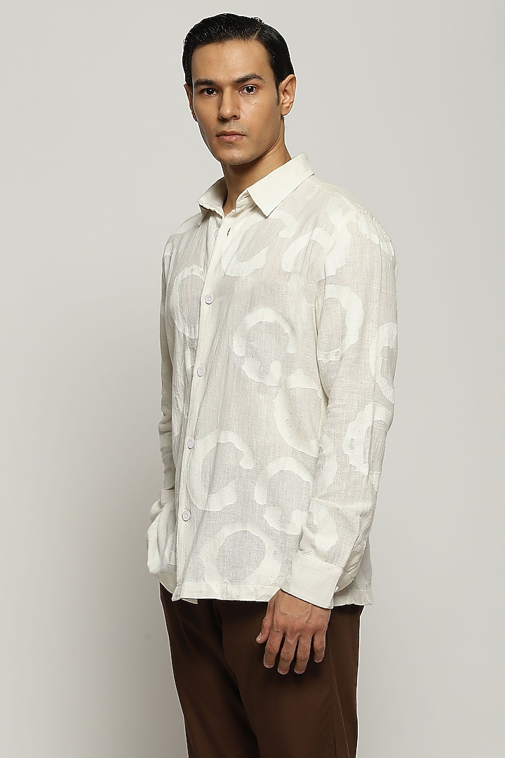White Cotton Linen Hand Embroidered Party Wear Shirt by Abraham & Thakore Men at Pernia's Pop Up Shop
