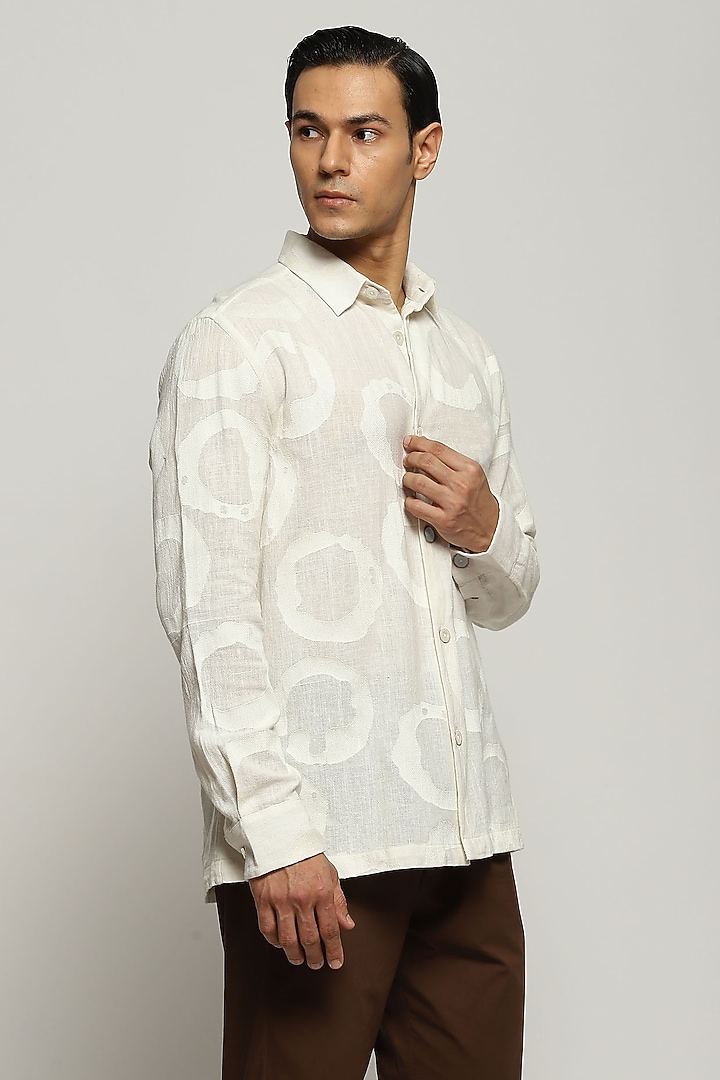 White Cotton Linen Hand Embroidered Party Wear Shirt by Abraham & Thakore Men at Pernia's Pop Up Shop