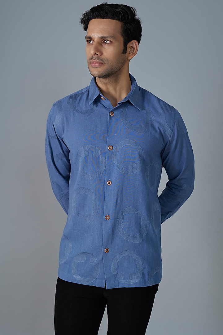 Aegean Blue Cotton Embroidered Party Wear Shirt by Abraham & Thakore Men at Pernia's Pop Up Shop