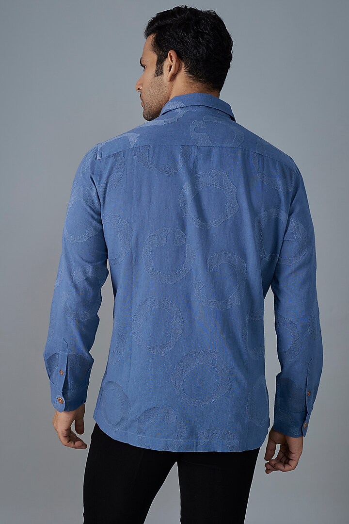 Aegean Blue Cotton Embroidered Party Wear Shirt by Abraham & Thakore Men at Pernia's Pop Up Shop