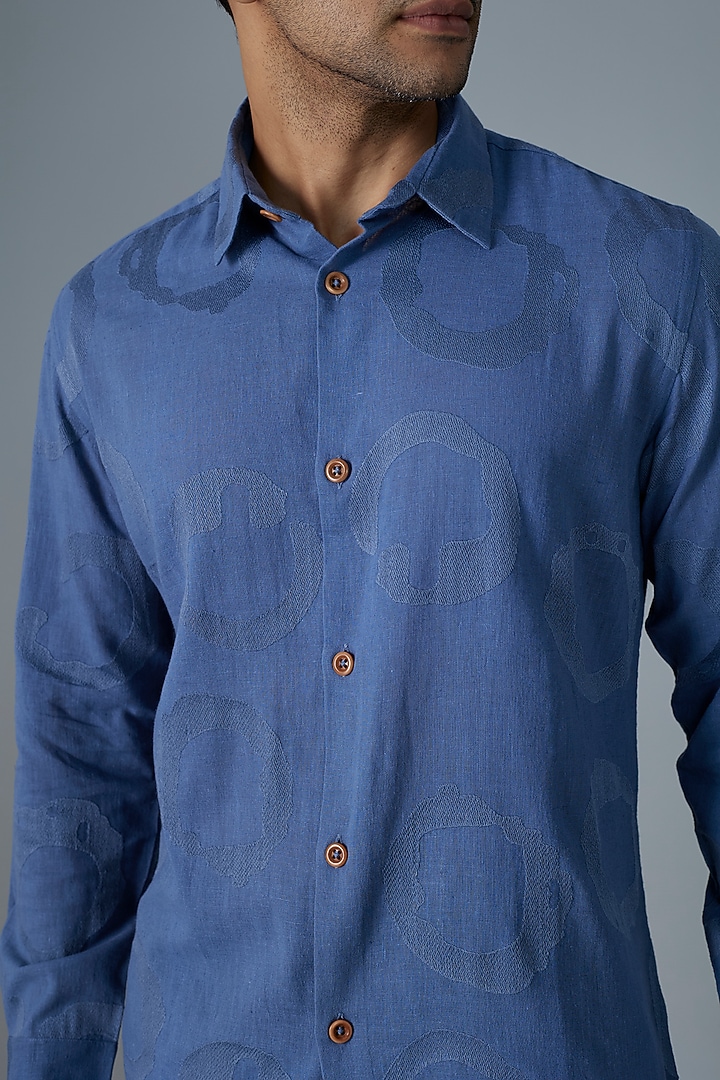Aegean Blue Cotton Embroidered Party Wear Shirt by Abraham & Thakore Men at Pernia's Pop Up Shop
