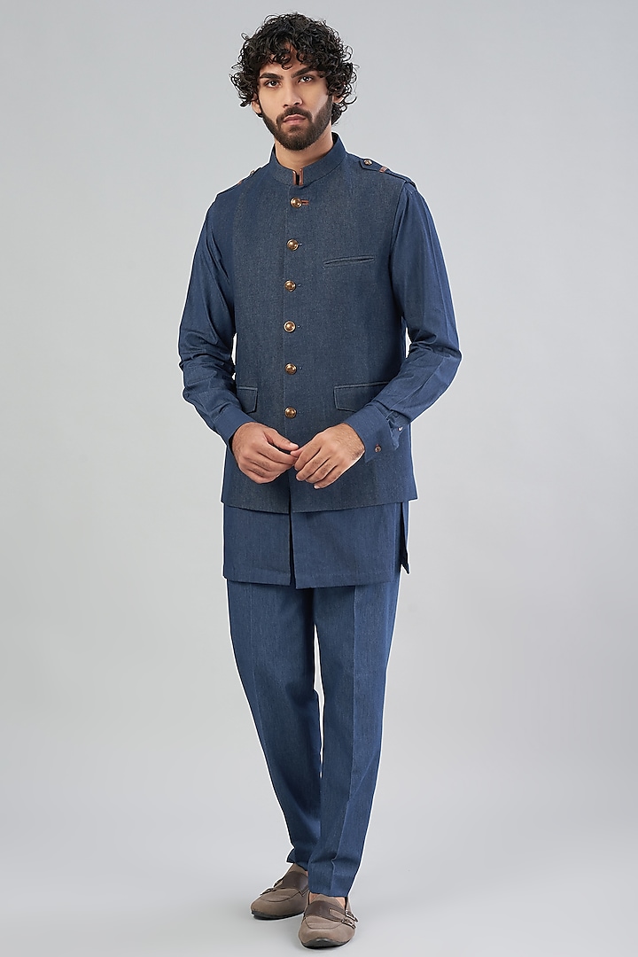 Blue Denim Bundi Jacket With Kurta Set by Aqube by Amber Men