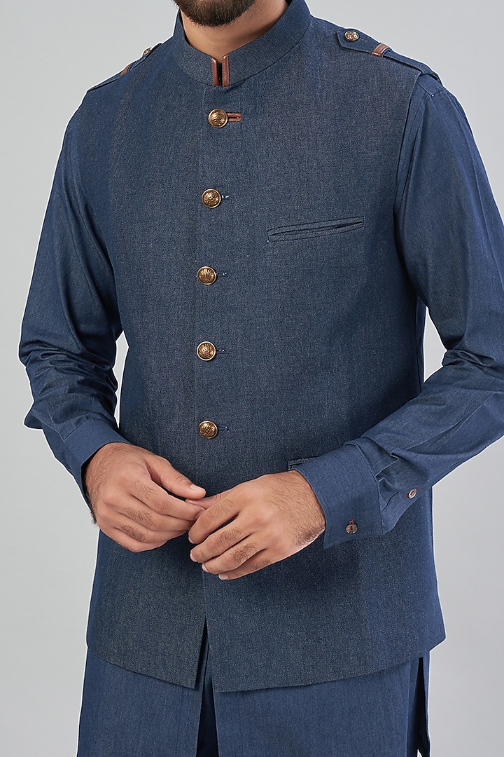 Blue Denim Bundi Jacket With Kurta Set by Aqube by Amber Men at Pernia's Pop Up Shop