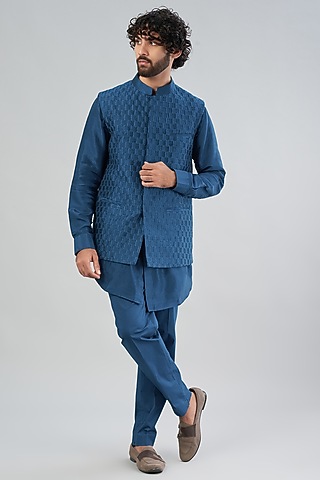 Teal Blue Raw Silk Bundi Jacket With Kurta Set by Aqube by Amber Men