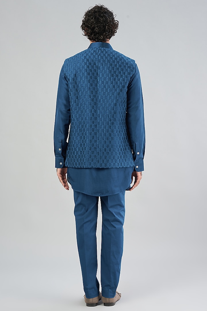 Teal Blue Raw Silk Bundi Jacket With Kurta Set by Aqube by Amber Men at Pernia's Pop Up Shop