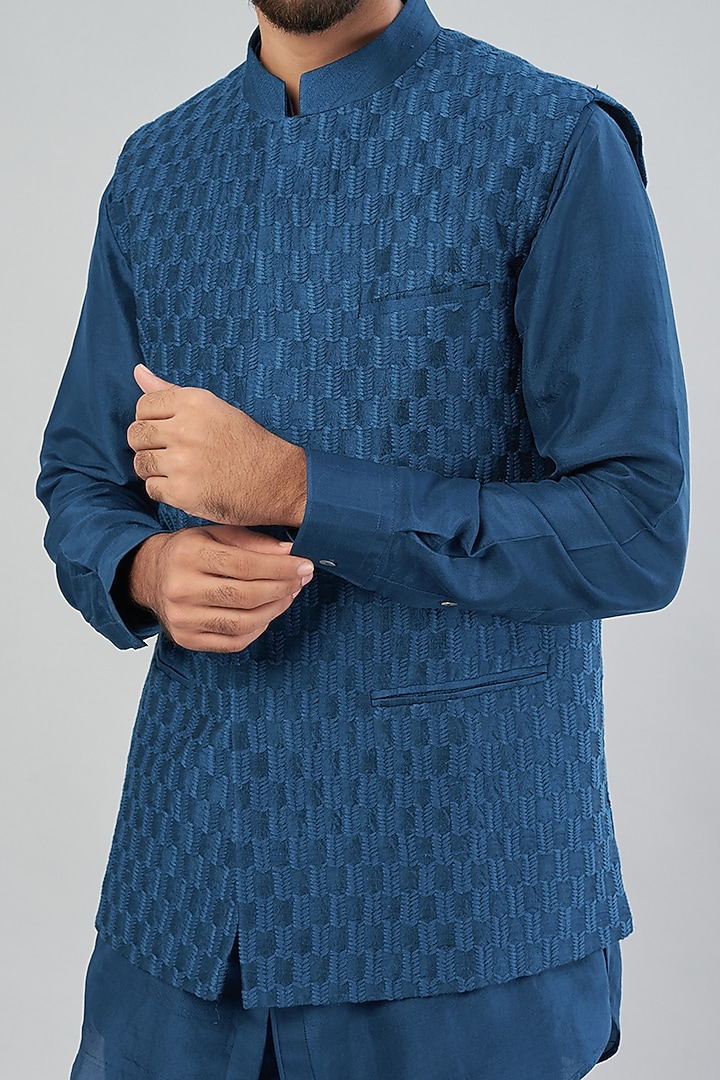 Teal Blue Raw Silk Bundi Jacket With Kurta Set by Aqube by Amber Men at Pernia's Pop Up Shop