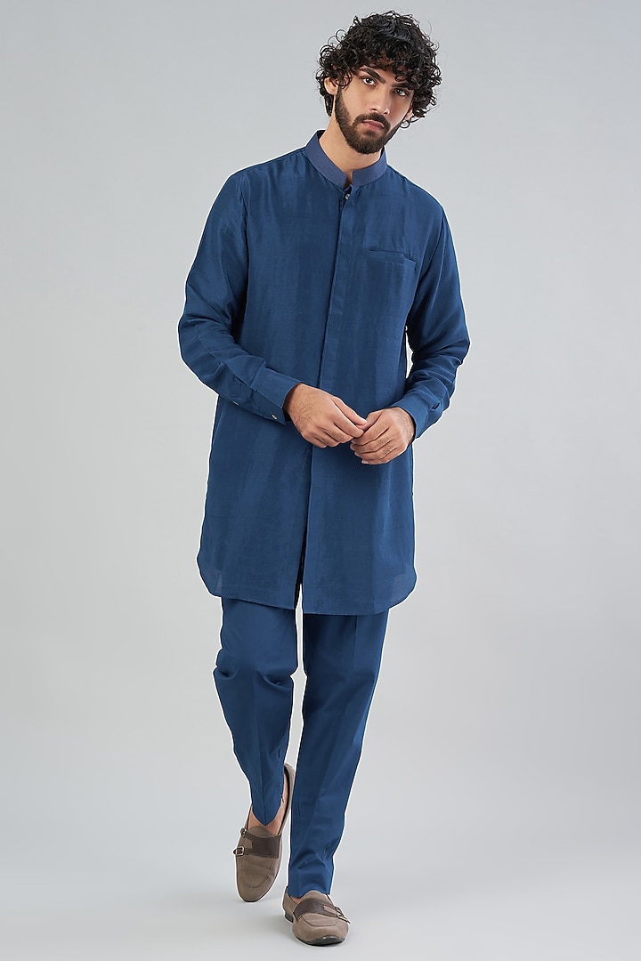 Teal Blue Raw Silk Bundi Jacket With Kurta Set by Aqube by Amber Men at Pernia's Pop Up Shop