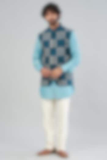 Teal Blue Raw Silk Bundi Jacket With Kurta Set by Aqube by Amber Men