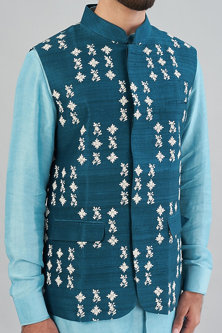 Teal Blue Raw Silk Bundi Jacket With Kurta Set by Aqube by Amber Men at Pernia's Pop Up Shop