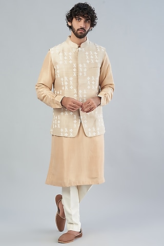 Beige Raw Silk Bundi Jacket With Kurta Set by Aqube by Amber Men