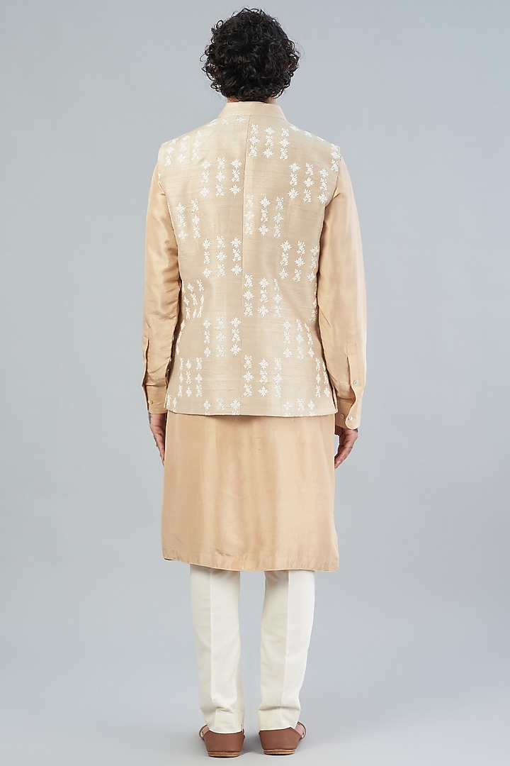 Beige Raw Silk Bundi Jacket With Kurta Set by Aqube by Amber Men at Pernia's Pop Up Shop