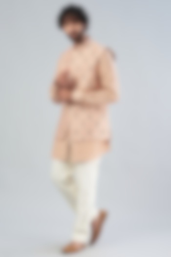 Blush Raw Silk Bundi Jacket With Kurta Set by Aqube by Amber Men