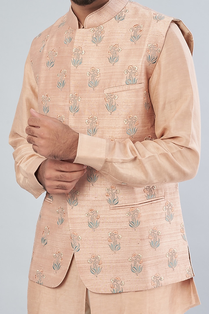 Blush Raw Silk Bundi Jacket With Kurta Set by Aqube by Amber Men at Pernia's Pop Up Shop