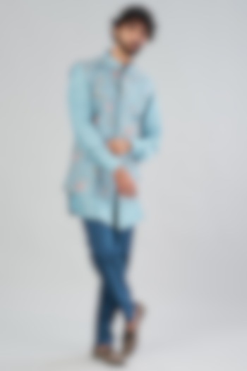 Teapot Blue Raw Silk Bundi Jacket With Kurta Set by Aqube by Amber Men