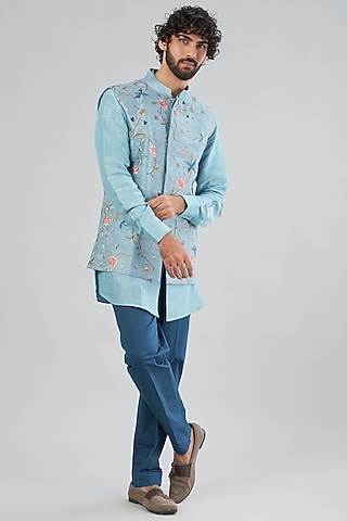 Teapot Blue Raw Silk Bundi Jacket With Kurta Set by Aqube by Amber Men