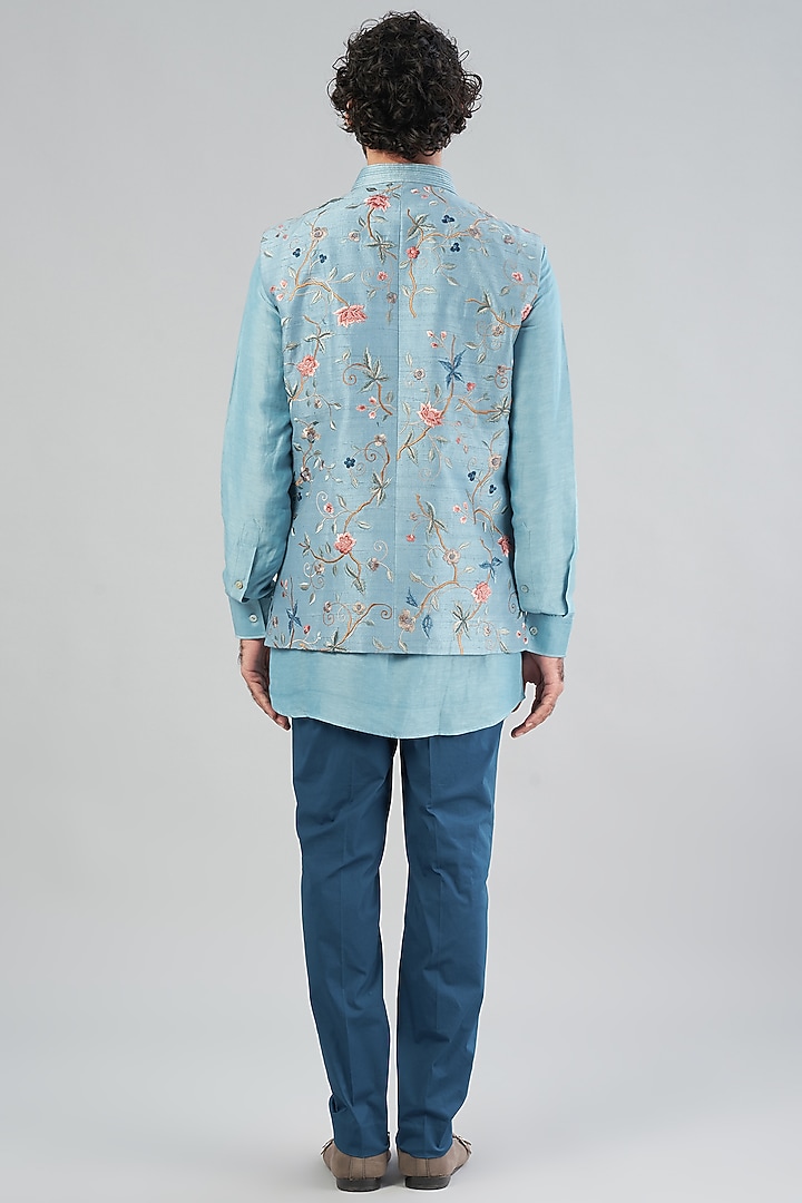 Teapot Blue Raw Silk Bundi Jacket With Kurta Set by Aqube by Amber Men at Pernia's Pop Up Shop
