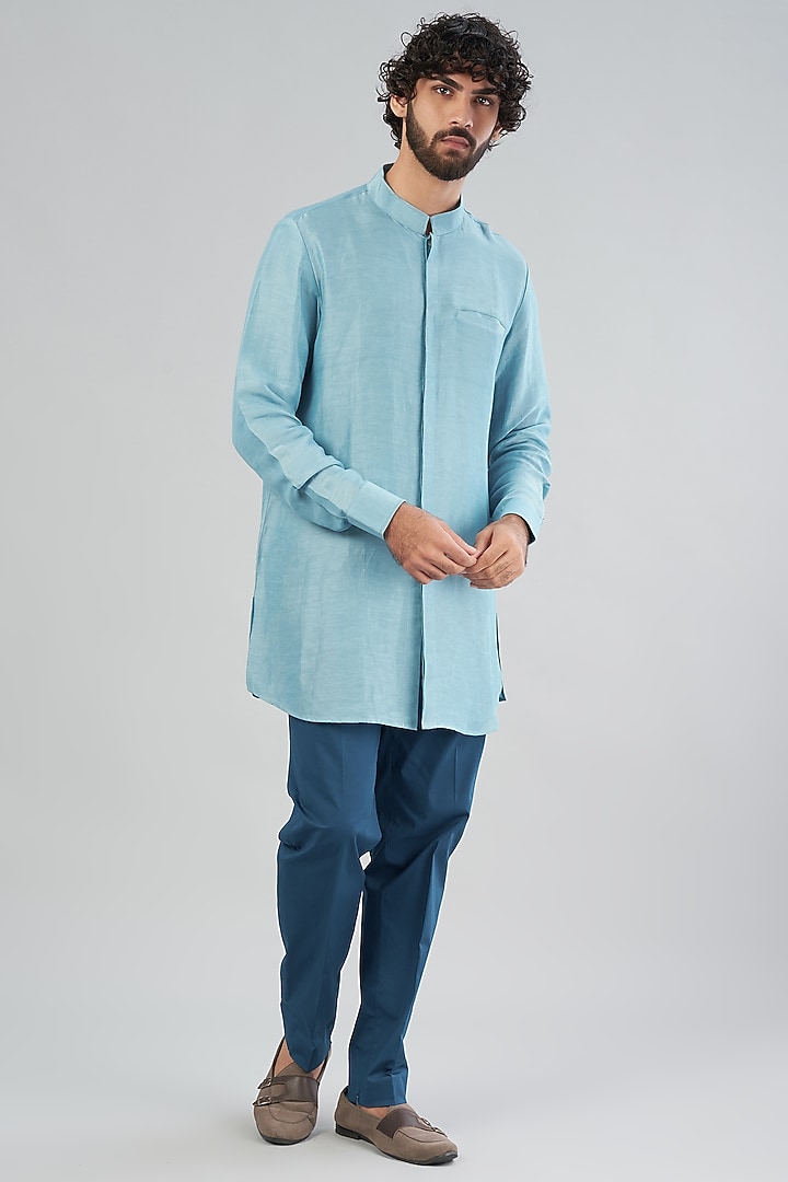 Teapot Blue Raw Silk Bundi Jacket With Kurta Set by Aqube by Amber Men at Pernia's Pop Up Shop