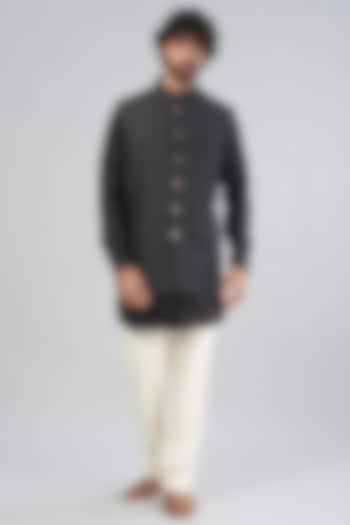 Grey Denim Bundi Jacket With Kurta Set by Aqube by Amber Men