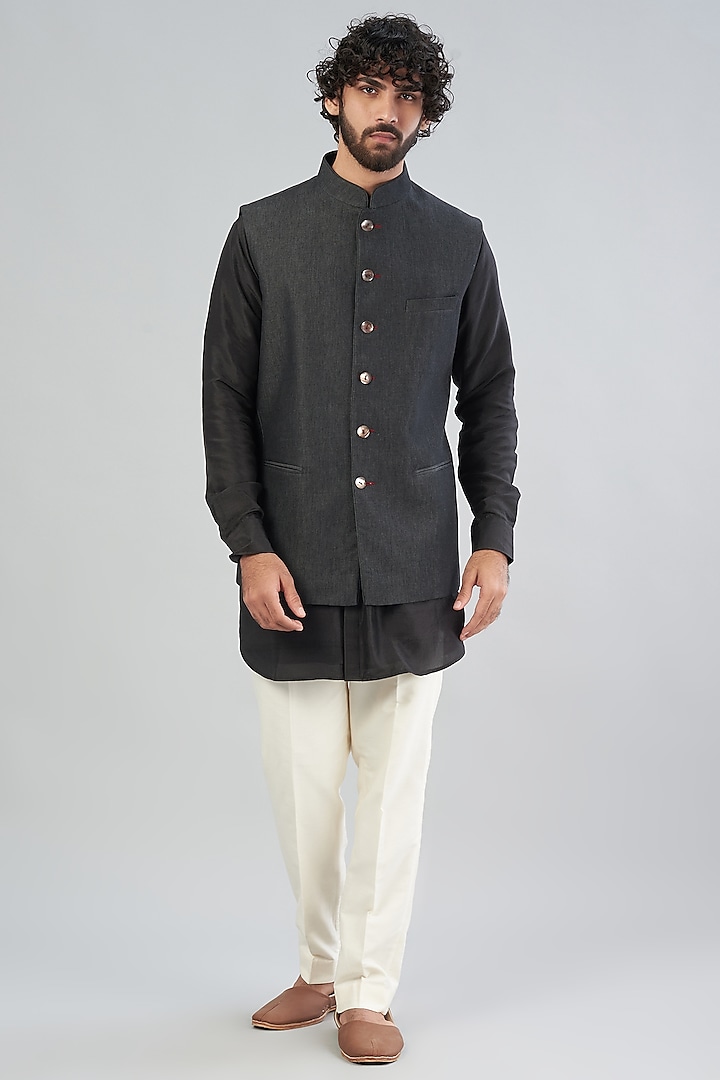 Grey Denim Bundi Jacket With Kurta Set by Aqube by Amber Men