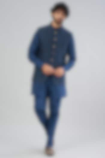 Navy Blue Embroidered Bundi Jacket With Kurta Set by Aqube by Amber Men at Pernia's Pop Up Shop