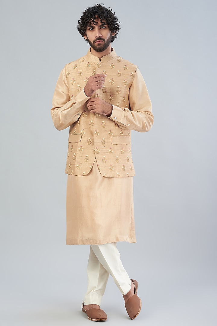Beige Raw Silk Bundi Jacket With Kurta Set by Aqube by Amber Men