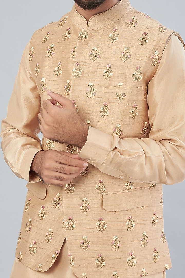 Beige Raw Silk Bundi Jacket With Kurta Set by Aqube by Amber Men at Pernia's Pop Up Shop