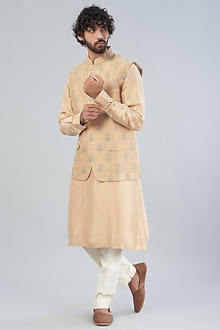 Beige Raw Silk Bundi Jacket With Kurta Set by Aqube by Amber Men
