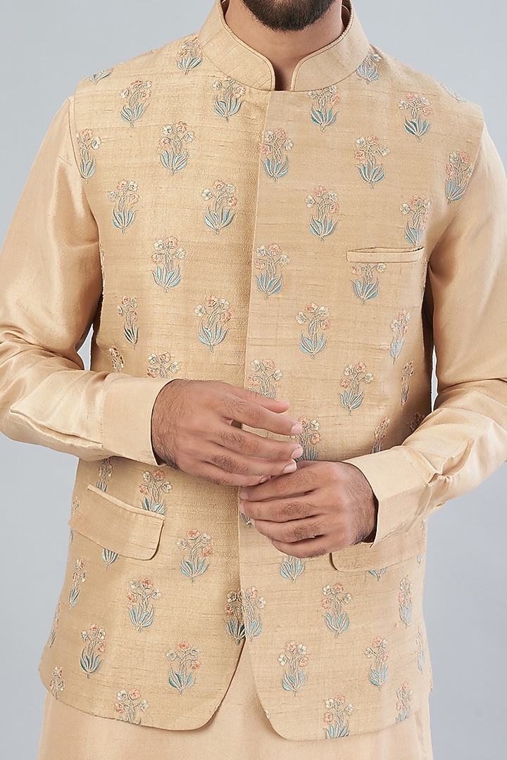Beige Raw Silk Bundi Jacket With Kurta Set by Aqube by Amber Men at Pernia's Pop Up Shop