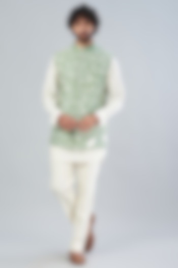Mint Green Raw Silk Bundi Jacket With Kurta Set by Aqube by Amber Men