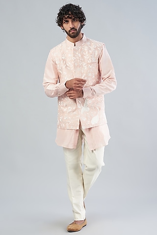 Primerose Pink Silk Bundi Jacket With Kurta Set by Aqube by Amber Men