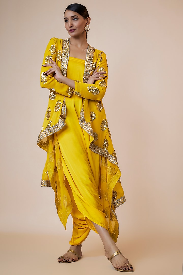 Yellow Georgette & Silk Jumper With Jacket by Arab Crab