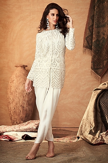 White Georgette & Silk Dhoti Set by Arab Crab at Pernia's Pop Up Shop