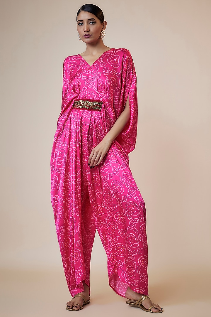 Pink Silk Bandhej Printed Pleated Jumpsuit by Arab Crab