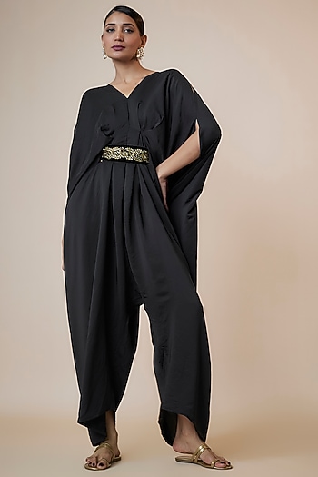 Black Silk Pleated Jumpsuit by Arab Crab at Pernia's Pop Up Shop