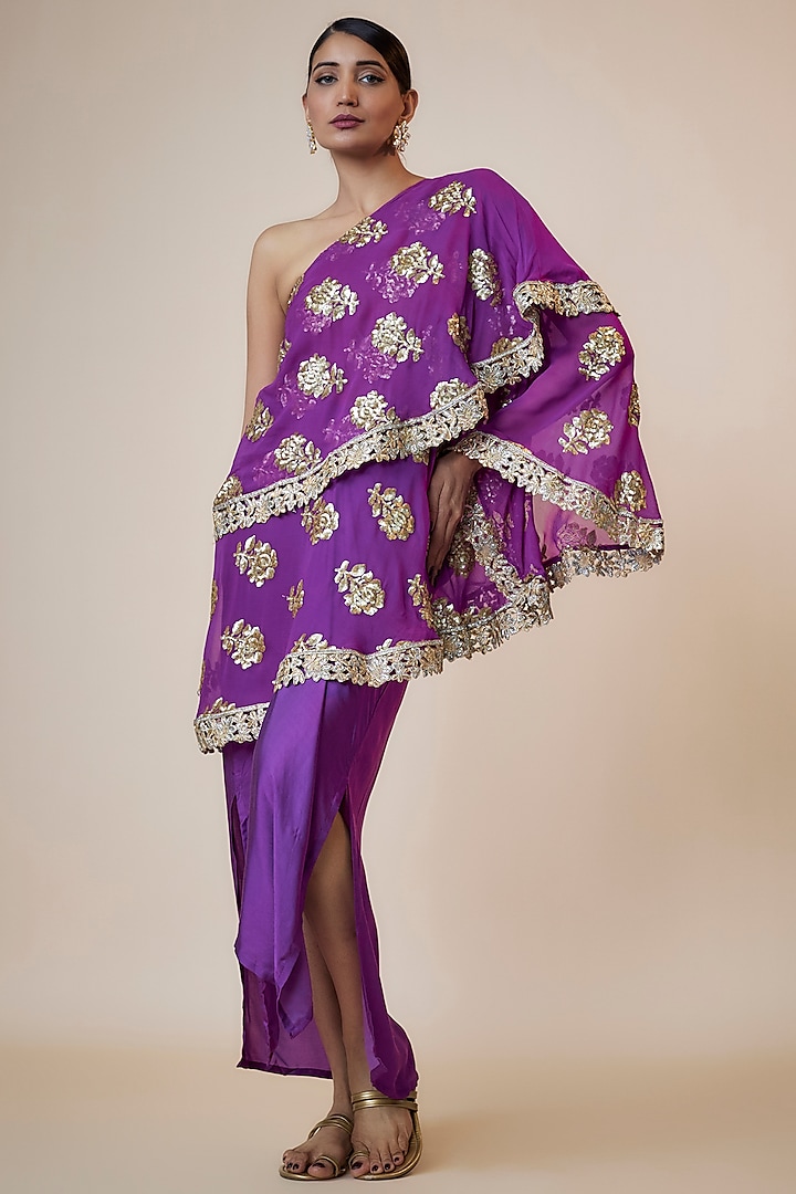 Purple Georgette & Silk Dhoti Skirt Set by Arab Crab