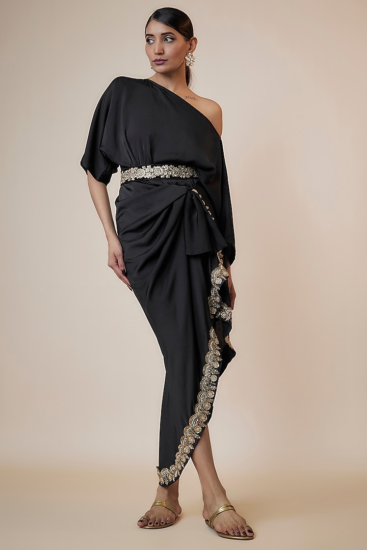 Black Silk Hand Embroidered Draped Dress by Arab Crab