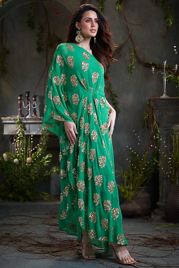 Green Georgette Sequins Embroidered One-Shoulder Kaftan Vacation Dress by Arab Crab at Pernia's Pop Up Shop